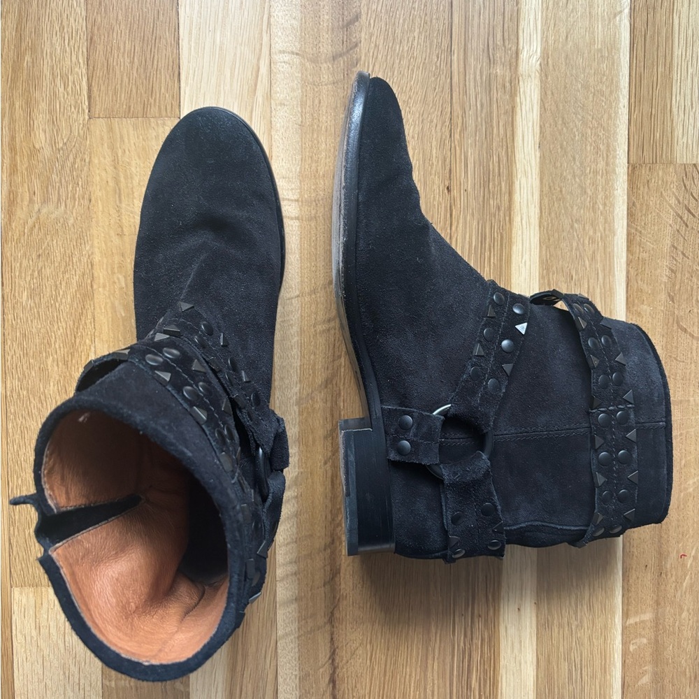 FRYE Black Suede Studded Harness Ankle Boots